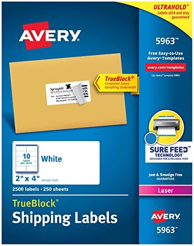 Avery Nyomtatható Szállítási Címkéket Biztos, Takarmány, 2 x 4, Fehér, 2,500 Üres levélcímkék (5963) &