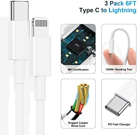 3 Pack iPhone Töltő Gyors Töltés [Apple Mpi Hitelesített], 6FT iPhone-Töltő, USB C-Lightning Kábel Típus